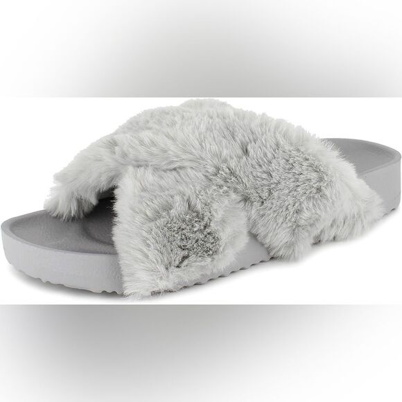 UNIONBAY Women's Luxe Faux Fur Slipper Slides Sandals Grey Size 8 NWT Cozy Soft - Picture 1 of 6